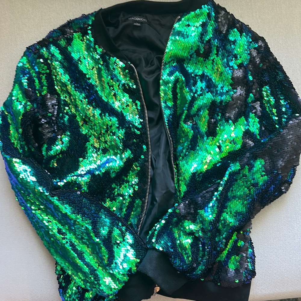 Green Blue Sequin Bomber Jacket